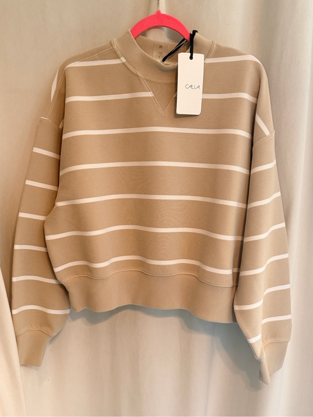 Women's Beige Stripe Mock Neck Sweatshirt